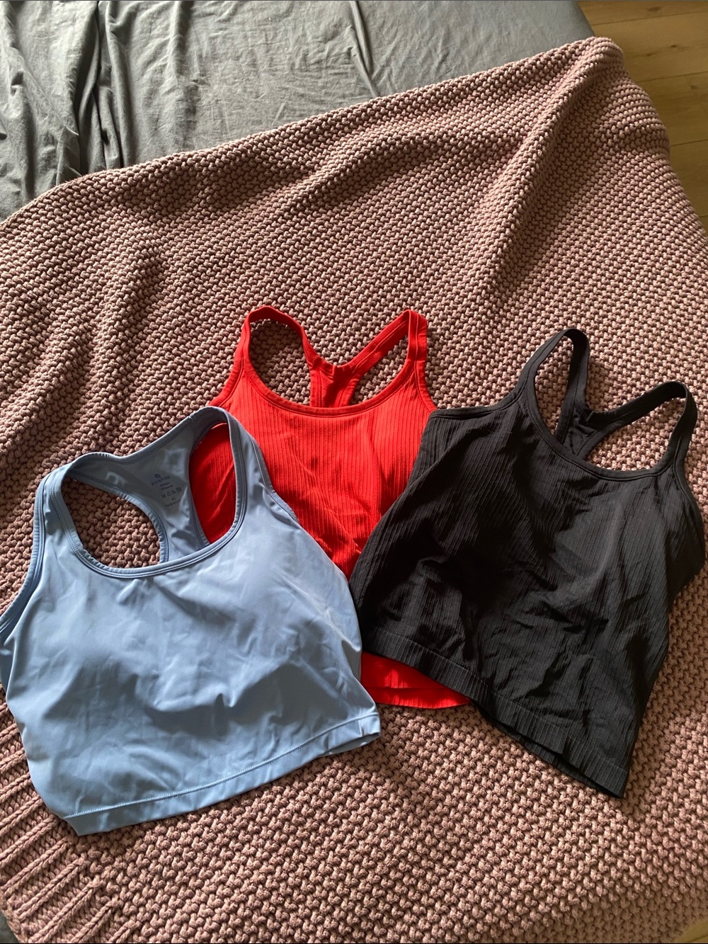 Ribbed Racerback Crop Bralette - Red, Black & Light Blue